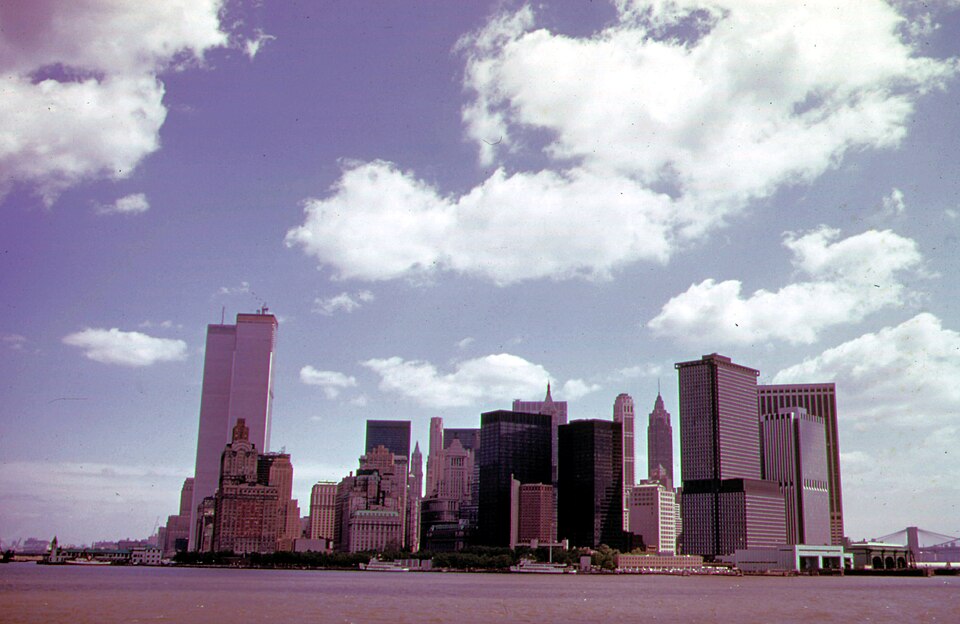 Manhattan skyline seen from the Staten Island Ferry in May 1973. Public archival context, not a family photograph.